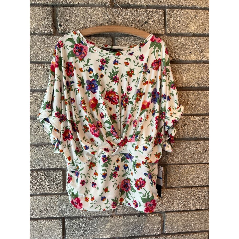 Cynthia Steffe Womens Floral Print Top XL Soft Knit Blouse White Multicolor